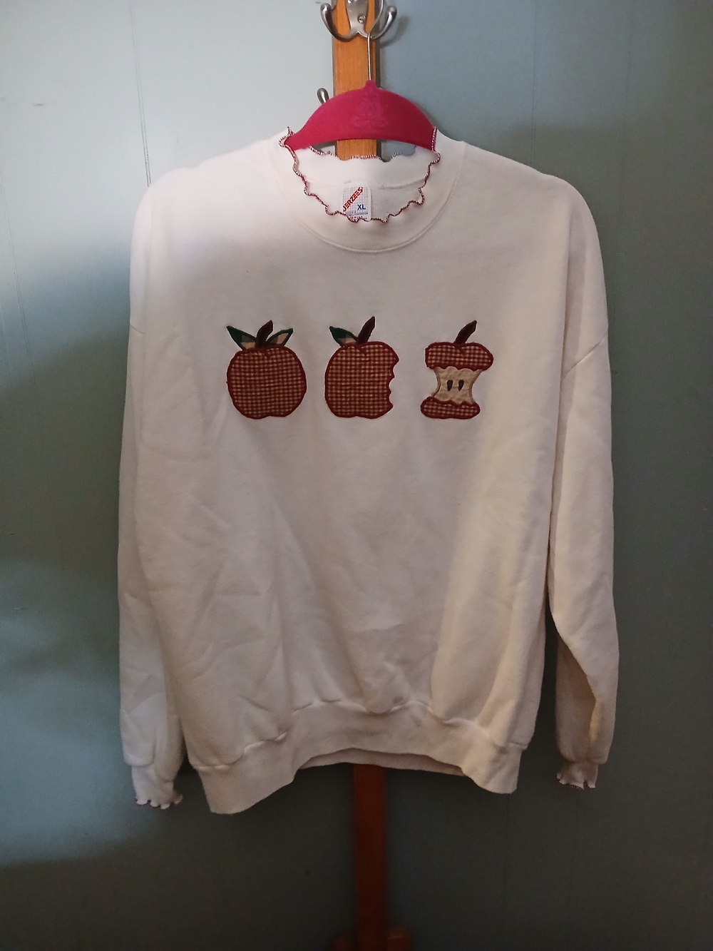 Ivory Sweatshirt with Red Plaid Apple Appliqués